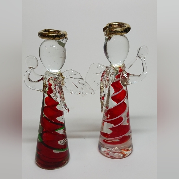 Set of 2 Glass Angel Ornaments Hands Praying Clear Wings Red Green White - Picture 4 of 7